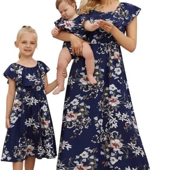 Mommy and Me Floral Chiffon Dresses Short Sleeve Matching Outfits - Picture 2 of 7